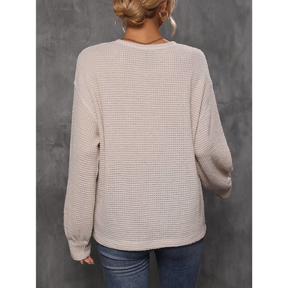 Minimalist Bishop Sleeve Pocket Patched Topstitching Tee waffle thermal - Picture 6 of 10